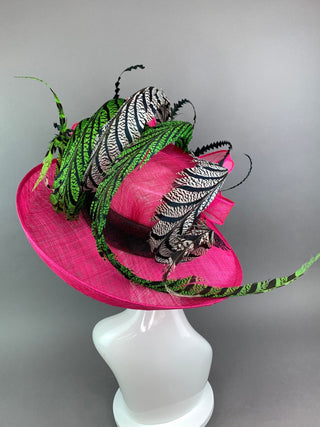Fuchsia Pink hat with Black and Green Hat with Lady Amherst feathers - The Hat Hive