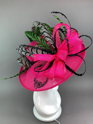 Fuchsia Pink hat with Black and Green Hat with Lady Amherst feathers - The Hat Hive