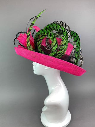 Fuchsia Pink hat with Black and Green Hat with Lady Amherst feathers - The Hat Hive