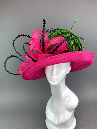 Fuchsia Pink hat with Black and Green Hat with Lady Amherst feathers - The Hat Hive