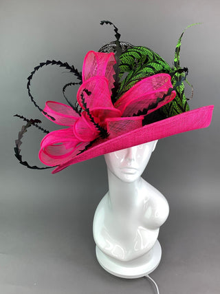 Fuchsia Pink hat with Black and Green Hat with Lady Amherst feathers - The Hat Hive