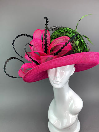 Fuchsia Pink hat with Black and Green Hat with Lady Amherst feathers - The Hat Hive