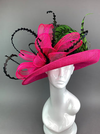 Fuchsia Pink hat with Black and Green Hat with Lady Amherst feathers - The Hat Hive