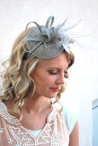 Gray Fascinator with feathers - The Hat Hive