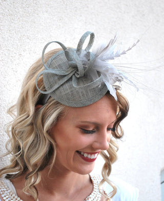 Gray Fascinator with feathers - The Hat Hive