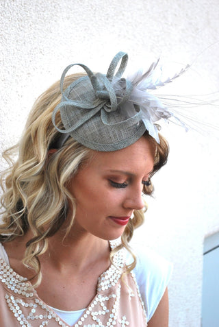 Gray Fascinator with feathers - The Hat Hive