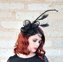 Load image into Gallery viewer, The Ellie Black Fascinator, Women&#39;s Tea Party Hat, Church Hat, Derby Hat, Fancy Hat, Bachelorette Hat, Tea Party Hat, wedding hat