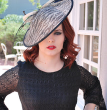 Load image into Gallery viewer, Black and White Zebra large Fascinator Derby Hat, Womens Tea Party Hat, Church Hat, Derby Hat, Fancy Hat, Tea Party Hat, wedding hat