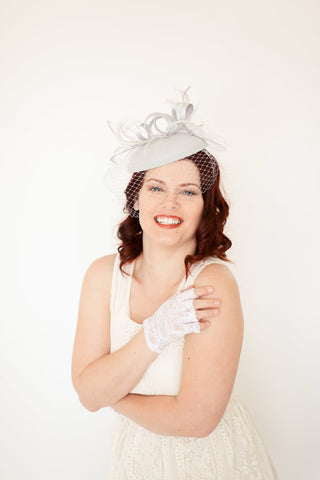 Fascinator, Derby Hat with Veil, Grey Fascinator, Church Hat, Derby Hat, Fancy Hat, Wedding hat, British Hat