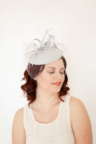 Fascinator, Derby Hat with Veil, Grey Fascinator, Church Hat, Derby Hat, Fancy Hat, Wedding hat, British Hat