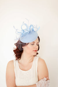 Fascinator With Veil, Baby Blue Fascinator, Tea Party Hat for women, Light Blue Kentucky Derby Hat, Fancy Hat, wedding hat for bride,
