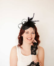 Load image into Gallery viewer, Black Fascinator, Womens Tea Party Hat, Church Hat, Derby Hat, Fancy Hat, Black Hat, Tea Party Hat,wedding hat