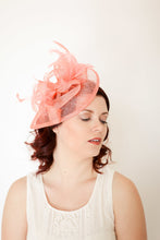 Load image into Gallery viewer, Coral Pink Fascinator, Tea Party Hat, Church Hat, Derby Hat, Fancy Hat, Pink Hat, Tea Party Hat, wedding hat, Coral Facinator, Coral Hat