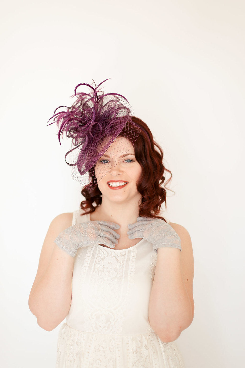Purple Fascinator with Veil, Tea Party Hat, Kentucky Derby Hat, Fancy Hat, British Hat, Wedding Fascinator, women's hat, the brynlee