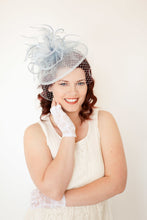 Load image into Gallery viewer, Baby Blue Fascinator, Womens Tea Party Hat, Church Hat, Derby Hat, Fancy Hat, Teal Green Hat, Cocktail Hat, British Hat