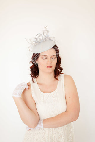 Fascinator, Derby Hat with Veil, Grey Fascinator, Church Hat, Derby Hat, Fancy Hat, Wedding hat, British Hat
