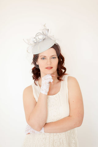 Fascinator, Derby Hat with Veil, Grey Fascinator, Church Hat, Derby Hat, Fancy Hat, Wedding hat, British Hat