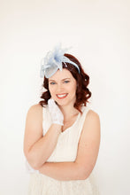 Load image into Gallery viewer, light Blue, sky blue Fascinator, Womens Tea Party Hat, Church Hat, Derby Hat, Fancy Hat, Teal Green Hat, Cocktail Hat, British Hat