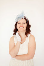 Load image into Gallery viewer, light Blue, sky blue Fascinator, Womens Tea Party Hat, Church Hat, Derby Hat, Fancy Hat, Teal Green Hat, Cocktail Hat, British Hat