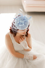 Load image into Gallery viewer, Fascinator With Veil, Baby Blue Fascinator, Tea Party Hat for women, Light Blue Kentucky Derby Hat, Fancy Hat, wedding hat for bride,