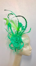 Load image into Gallery viewer, St. Patricks Day Fascinator, Green Fascinator with lime green accent feathers  Tea Party Hat, St. Pattys Day, Derby Hat, Fancy Hat, Kelly Gr