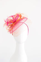 Load image into Gallery viewer, Orange and Fuchsia Fascinator, Women&#39;s Tea Party Hat, Church Hat, Derby Hat, Fancy Hat, Black Hat, Tea Party Hat,wedding hat