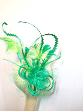 Load image into Gallery viewer, St. Patricks Day Fascinator, Green Fascinator with lime green accent feathers  Tea Party Hat, St. Pattys Day, Derby Hat, Fancy Hat, Kelly Gr