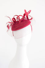 Load image into Gallery viewer, Merlot Wine Maroon Fascinator with veil on headband - Women&#39;s Tea Party Hat, Church Hat, Derby Hat, Fancy Hat, wedding hat, British Hat