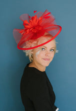 Load image into Gallery viewer, Red Mesh Fascinator, The Celeste Tea Party Hat, Church Hat, Kentucky Derby Hat, Fancy Hat, Pink Hat, Tea Party Hat, wedding hat, British Hat