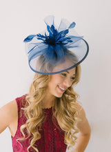 Load image into Gallery viewer, Navy Blue Fascinator on headband, Available in several colors, Style: &quot;The Celeste, Tea Party Hat, Kentucky Derby Hat, wedding hat,