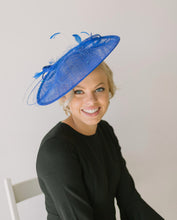 Load image into Gallery viewer, Royal Blue Fascinator Derby Hat on Headband, several colors avail, Church Hat, Derby Hat, Fancy Hat, Royal Hat, Tea Party Hat, wedding hat