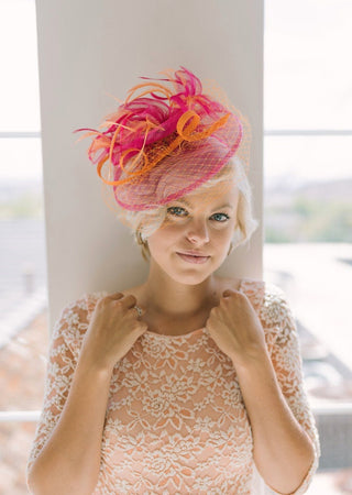 Orange and Fuchsia Fascinator, Women's Tea Party Hat, Church Hat, Derby Hat, Fancy Hat, Black Hat, Tea Party Hat,wedding hat