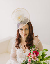 Load image into Gallery viewer, The Nicolle Ivory Fascinator, Womens Tea Party Hat, Hat with Veil, Church Hat, Derby Hat, Fancy Hat, Ivory Hat, Tea Party Hat, wedding hat