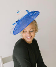 Load image into Gallery viewer, Royal Blue Fascinator Derby Hat on Headband, several colors avail, Church Hat, Derby Hat, Fancy Hat, Royal Hat, Tea Party Hat, wedding hat