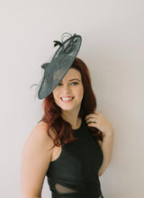 Load image into Gallery viewer, large Black Fascinator, Black Derby Hat, Womens Tea Party Hat, Church Hat, Derby Hat, Fancy Hat, Royal Hat, Tea Party Hat, wedding hat