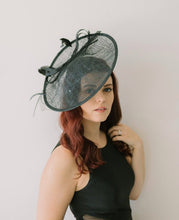Load image into Gallery viewer, large Black Fascinator, Black Derby Hat, Womens Tea Party Hat, Church Hat, Derby Hat, Fancy Hat, Royal Hat, Tea Party Hat, wedding hat