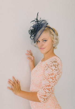 Navy Fascinator with veil, Womens Tea Party Hat, Hat with Veil, Kentucky Derby Hat, Fancy Hat, Tea Party Hat, wedding hat, British Hat