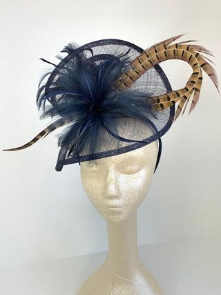 Navy Blue Fascinator with Pheasant Feather attaches with headband, Women&#39;s Tea Party Hat, Derby Hat, Wedding Hat, Kentucky Der