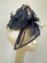 Load image into Gallery viewer, Navy Blue Fascinator with Pheasant Feather attaches with headband, Women&#39;s Tea Party Hat, Derby Hat, Wedding Hat, Kentucky Der