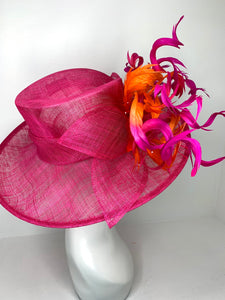 Fuchsia Pink & orange ombre feathers Kentucky Derby Hat