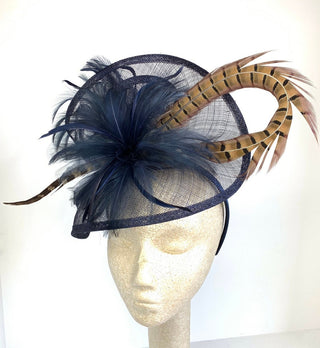 Navy Blue Fascinator with Pheasant Feather attaches with headband, Women&#39;s Tea Party Hat, Derby Hat, Wedding Hat, Kentucky Der