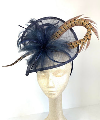 Navy Blue Fascinator with Pheasant Feather attaches with headband, Women&#39;s Tea Party Hat, Derby Hat, Wedding Hat, Kentucky Der