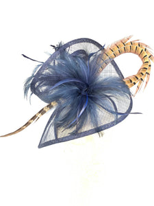 Navy Blue Fascinator with Pheasant Feather attaches with headband, Women&#39;s Tea Party Hat, Derby Hat, Wedding Hat, Kentucky Der