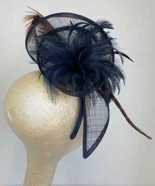 Navy Blue Fascinator with Pheasant Feather attaches with headband, Women&#39;s Tea Party Hat, Derby Hat, Wedding Hat, Kentucky Der