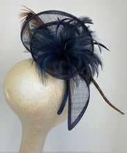 Load image into Gallery viewer, Navy Blue Fascinator with Pheasant Feather attaches with headband, Women&#39;s Tea Party Hat, Derby Hat, Wedding Hat, Kentucky Der