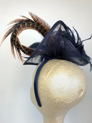 Navy Blue Fascinator with Pheasant Feather attaches with headband, Women&#39;s Tea Party Hat, Derby Hat, Wedding Hat, Kentucky Der