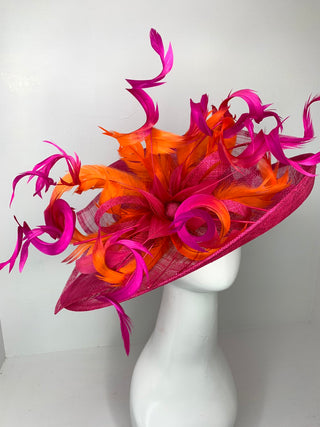 Fuchsia Pink & orange ombre feathers Kentucky Derby Hat