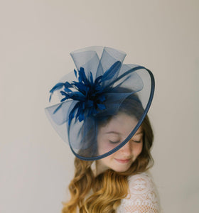 Girls Navy Mesh Fascinator on headband for ages 3 and older, Girls Tea Party Hat, Kentucky Derby Hat, Fancy Hat, Wedding hat, British Hat