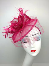 Load image into Gallery viewer, Fuchsia Pink Fascinator, The Brynlee Women&#39;s Tea Party Hat, Hat with Veil, Kentucky Derby Hat, Fancy Hat, wedding hat, British Hat