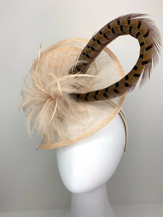 Nude Fascinator with pheasant feather adornment, Tea Party Hat, Church Hat, Derby Hat, Fancy Hat, Ivory Hat, wedding hat, British Hat, Breed